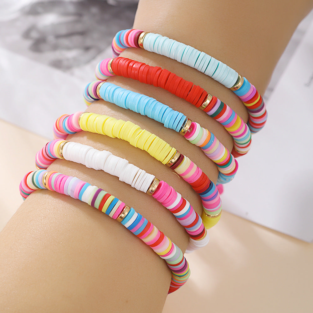 Bohemian Mixed Color Geometric Round Polymer Clay Beaded Bracelet Set
