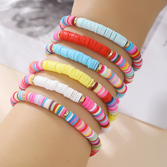 Bohemian Mixed Color Geometric Round Polymer Clay Beaded Bracelet Set