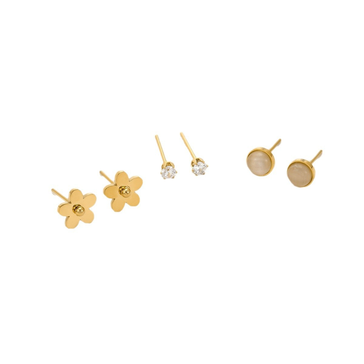 Fashionable Office-Style Flower-Shaped Zircon and Cat's Eye Stone Stud Earrings in Titanium Steel with Plated Finish