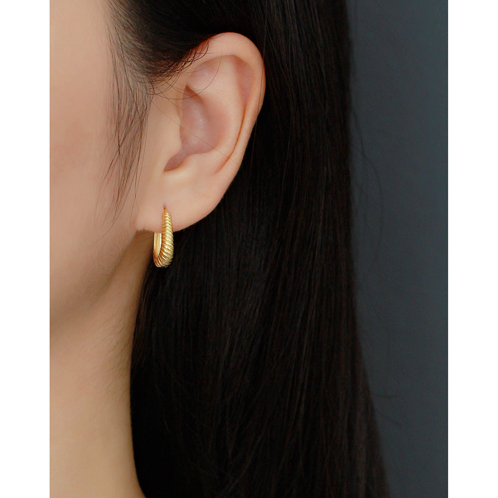 Minimalist Metal-Textured S925 Sterling Silver Hoop Earrings with Braided Pattern