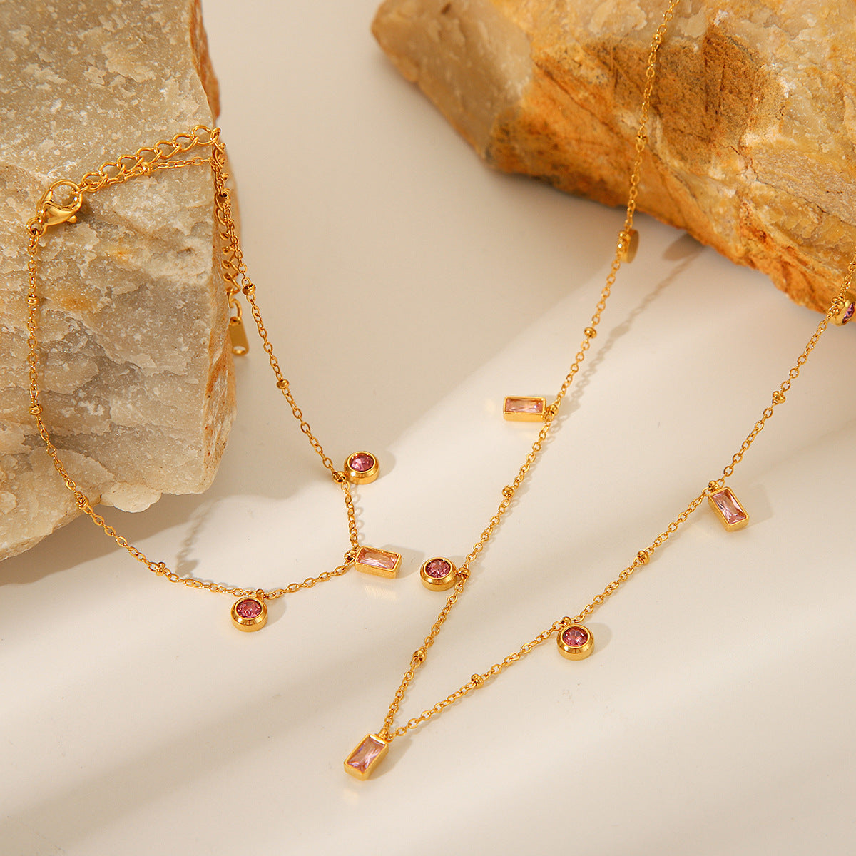 Minimalist Geometric Titanium Steel Necklace with 18K Gold Plating and Pink-Purple Zircon Pendant, Delicate Clavicle Chain for Women