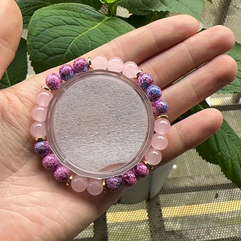 Casual Unisex 8mm Pink Crystal and Agate Beaded Bracelet Geometric Round Handmade Jewelry Gift