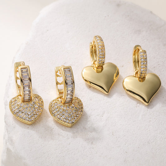 Elegant Minimalist Heart Gold Plated Brass Cubic Zirconia Earrings for Women