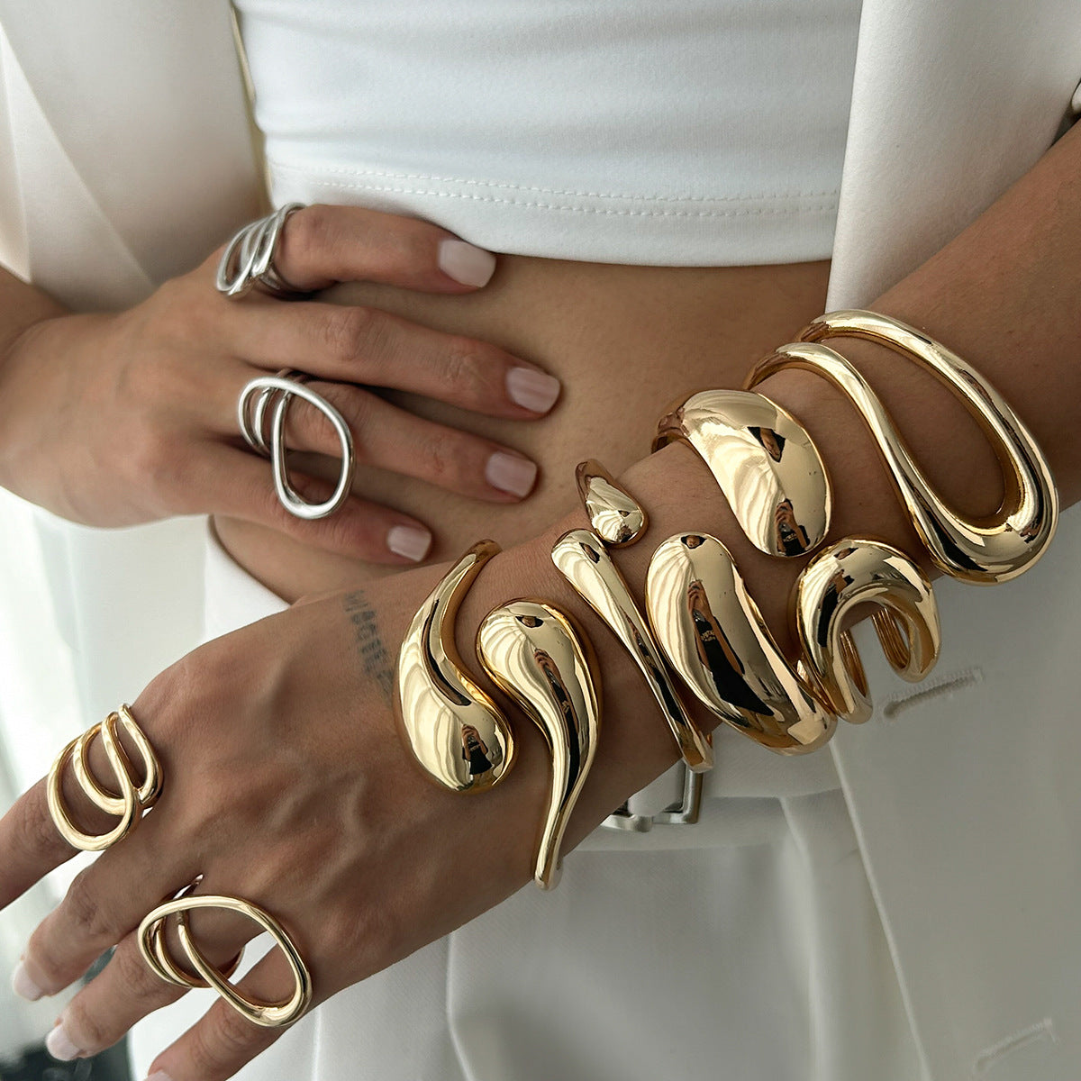 Personalized Geometric Water Drop Open Cuff Bracelet with Spring Clasp - Alloy Electroplated