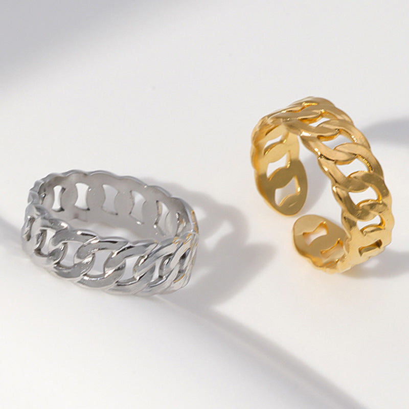 Elegant Minimalist Titanium Steel Adjustable Open Ring for Women with Chain Design and Electroplated Finish