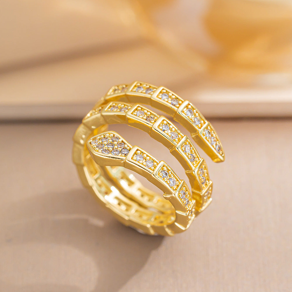 Luxury Minimalist Adjustable Open Ring for Women with Gold-Plated Copper Band and Zircon Stone Accent in Heart and Floral Shape