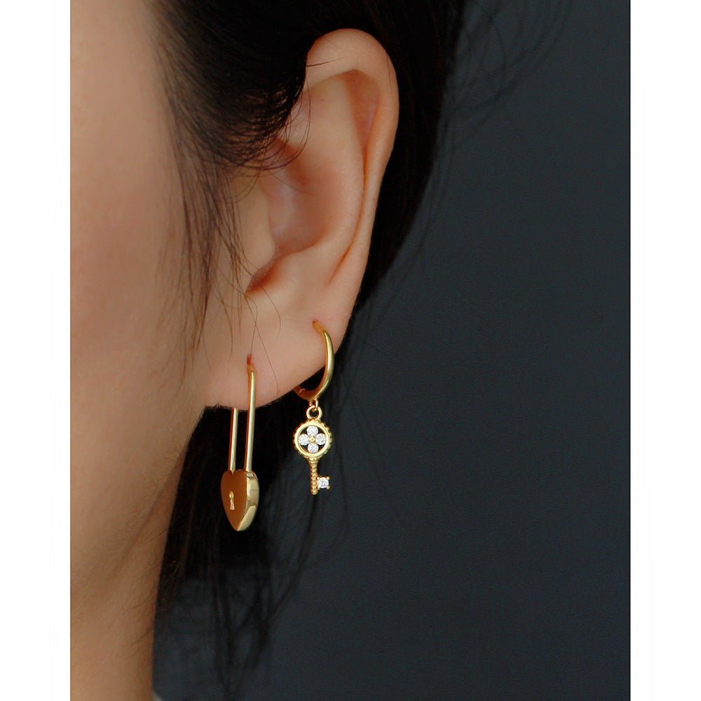 Sweet 925 Sterling Silver Clover Key Hoop Earrings with Rhinestone Inlay