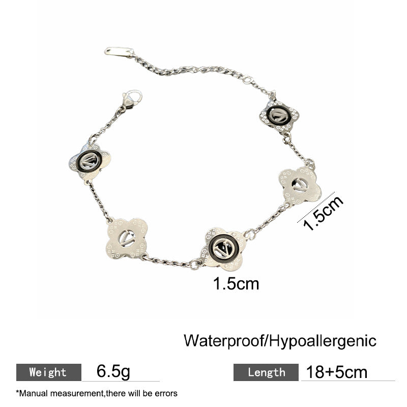 Minimalist Letter V Five-Leaf Flower Plated Titanium Steel Bracelet