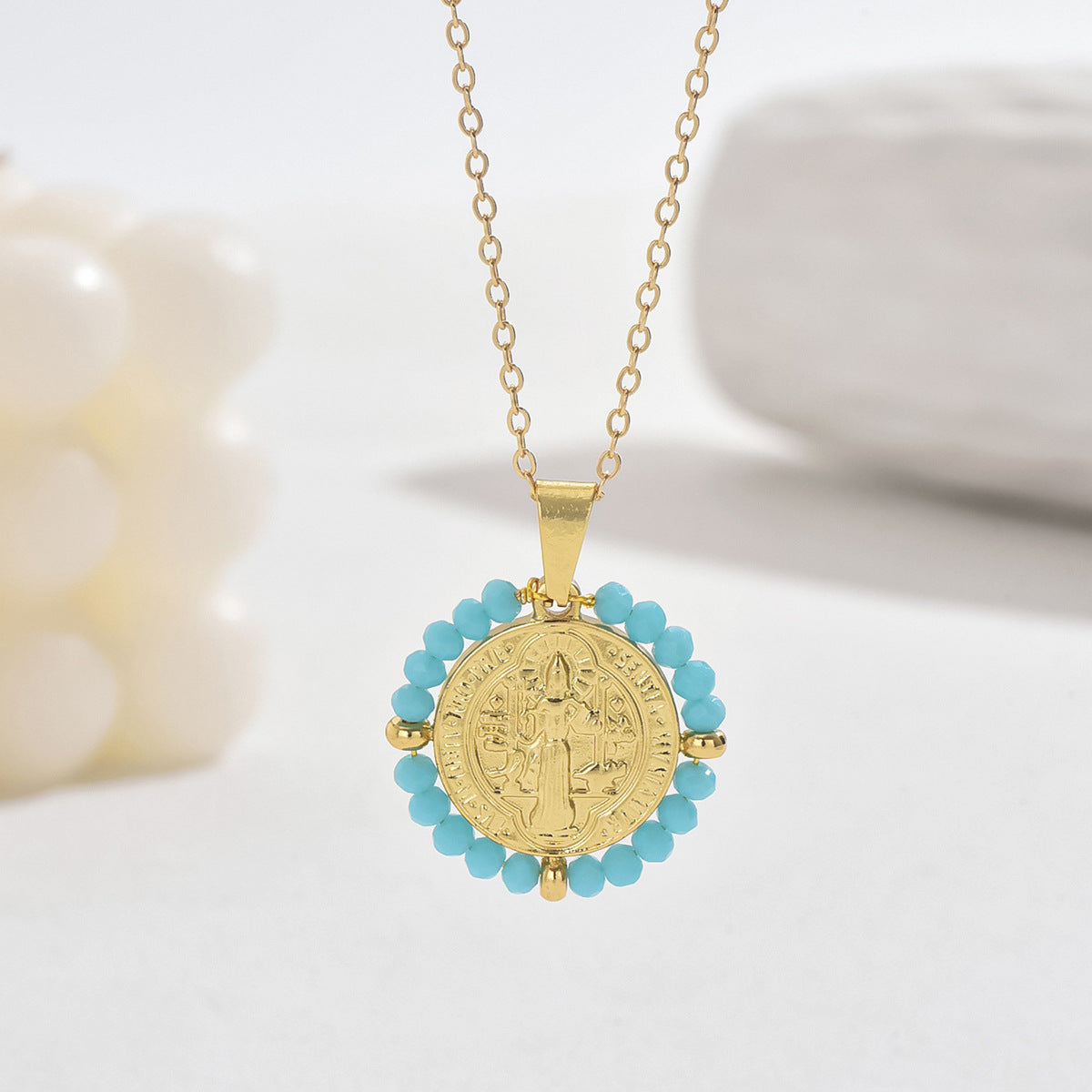 Collana pendente con perline a rombi geometrici in stile bohémien da donna con catena in rame placcato