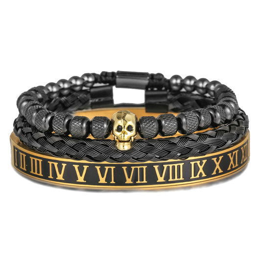 Vintage Streetwear Skull Letter Number Braided Titanium Steel Bracelet with Cubic Zirconia