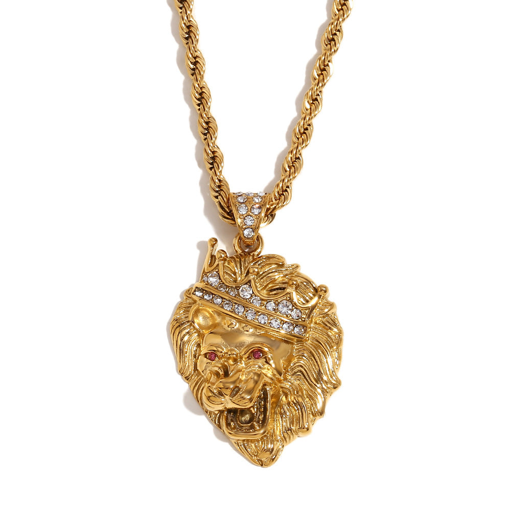 Collana pendente con corona di leone per donna, in acciaio inossidabile placcato oro 18K, a forma di animale