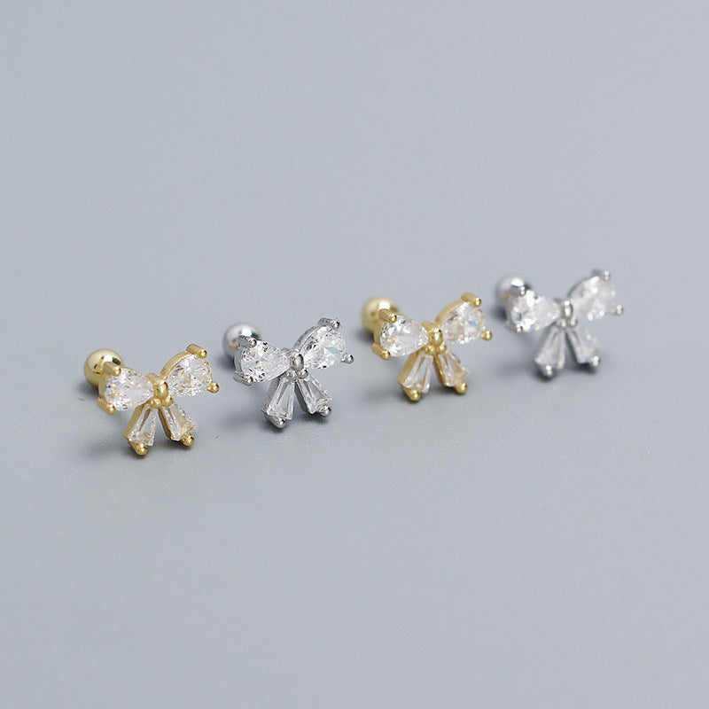 Sweet 925 Sterling Silver Plated Bow Stud Earrings with Cubic Zirconia