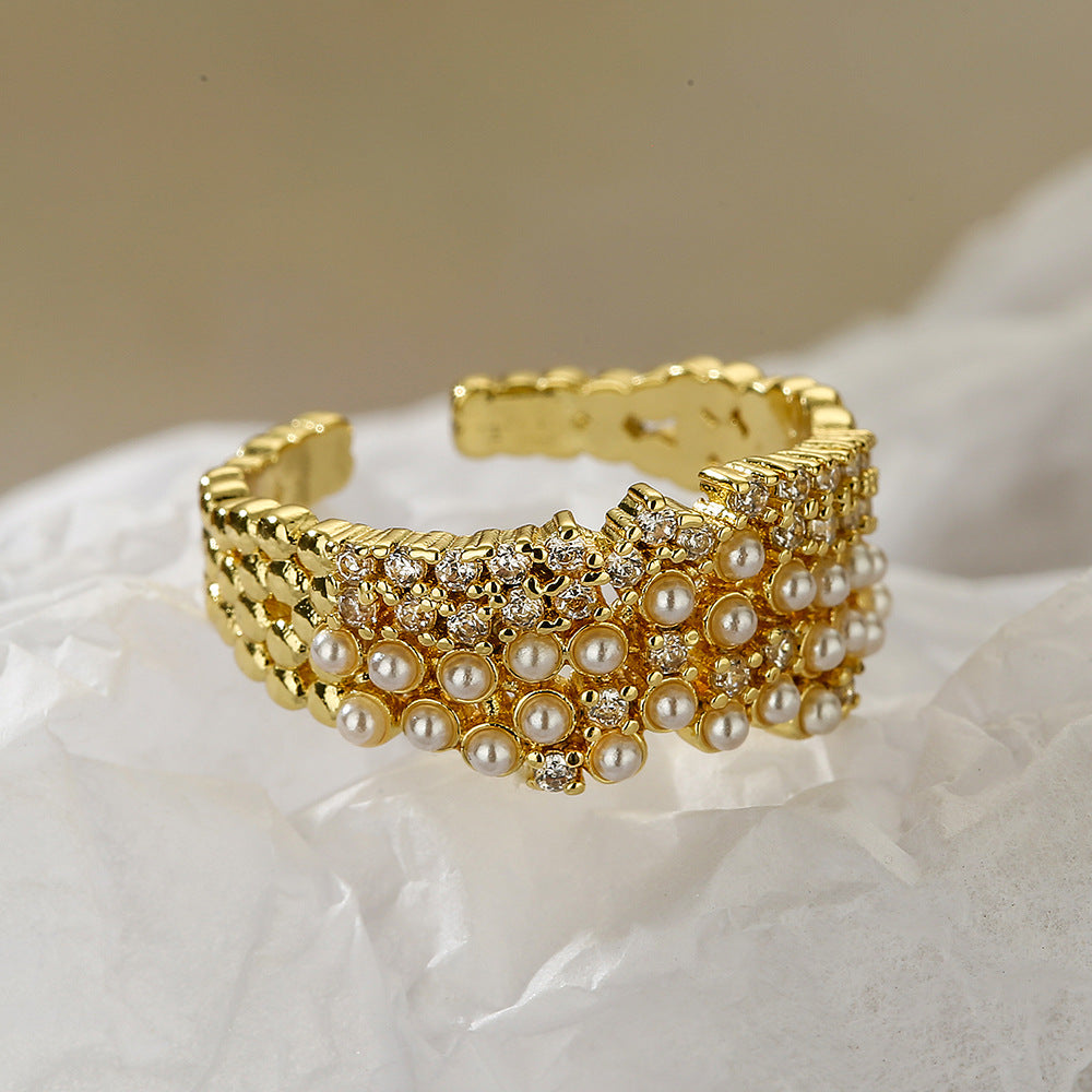 Geometric Open Ring for Women with Copper Base Plated in Real Gold Micro-Paved Zirconia and Pearl Accents