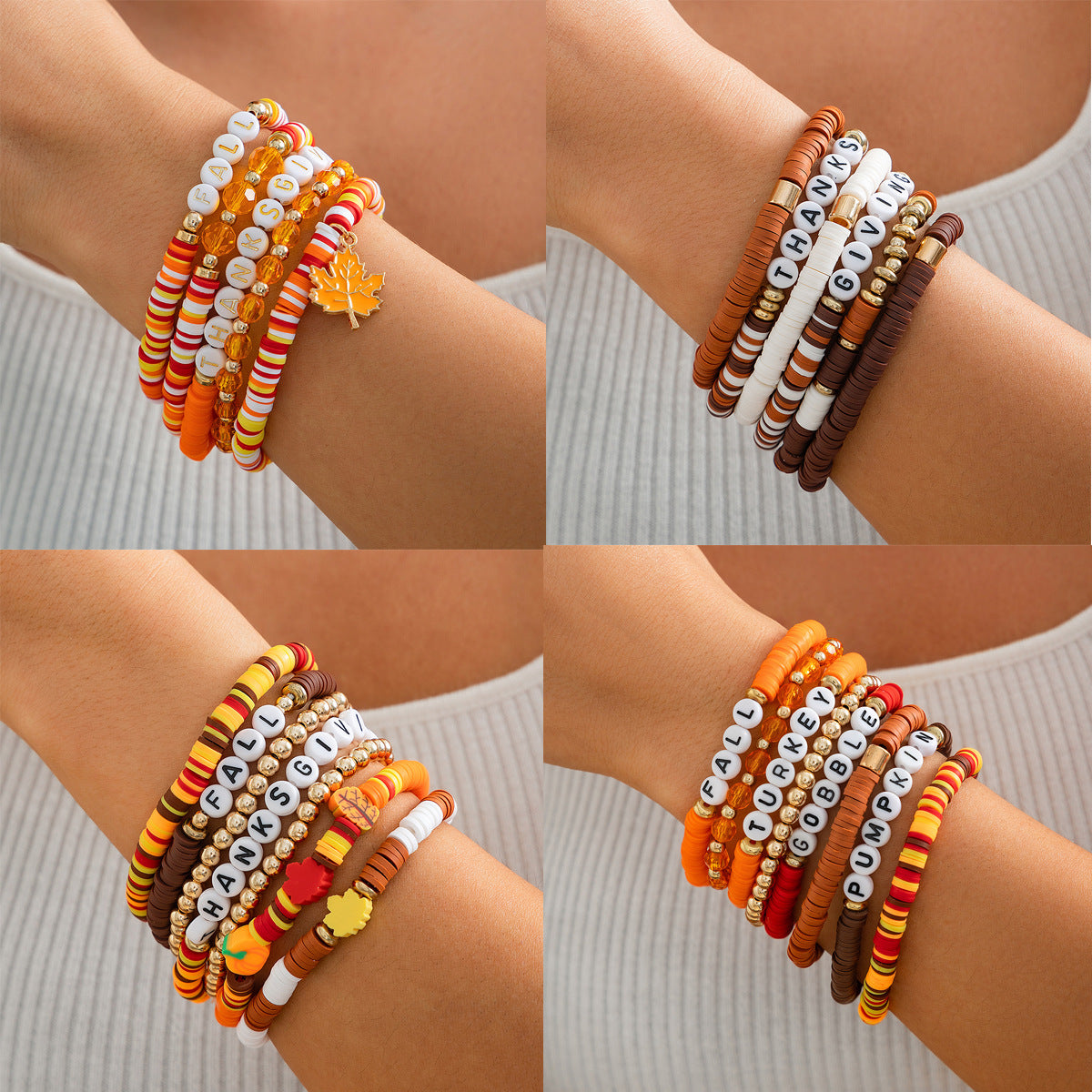 Minimalist Acrylic Letter Leaf Plated Bracelet Set for Women Thanksgiving Gift