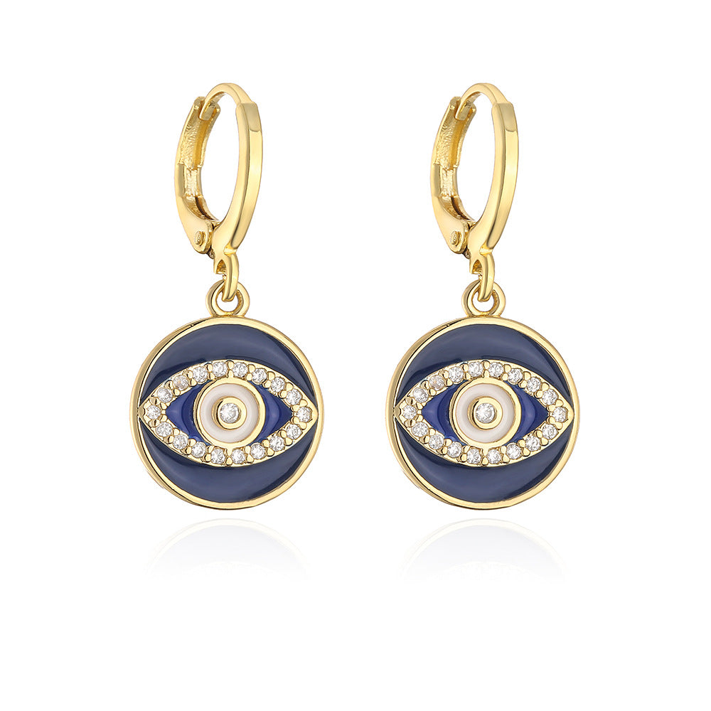 Orecchini da donna in rame in stile bohémien con placcatura in oro 18 carati e design a occhio di Allah geometrico smaltato in zirconia