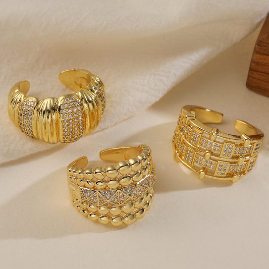 Vintage Minimalist Geometric Brass 18K Gold Plated Cubic Zirconia Inlay Ring for Women