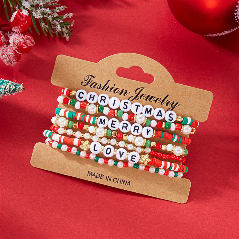 Casual Cartoon Alloy and Resin Beaded Bracelet with Santa Claus and Bell Charms