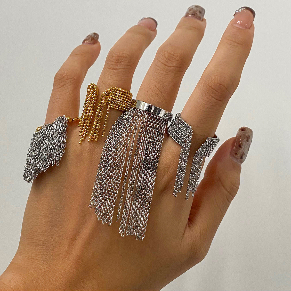 Geometric Plated Stainless Steel Tassel Ring for Women