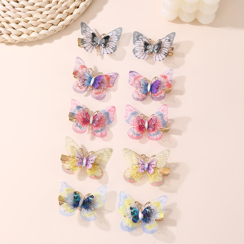 Natural Style Butterfly Bow Hair Clip for Kids with Gradient Feather Wing Design, Plastic Resin Duckbill Clamp for Ponytail