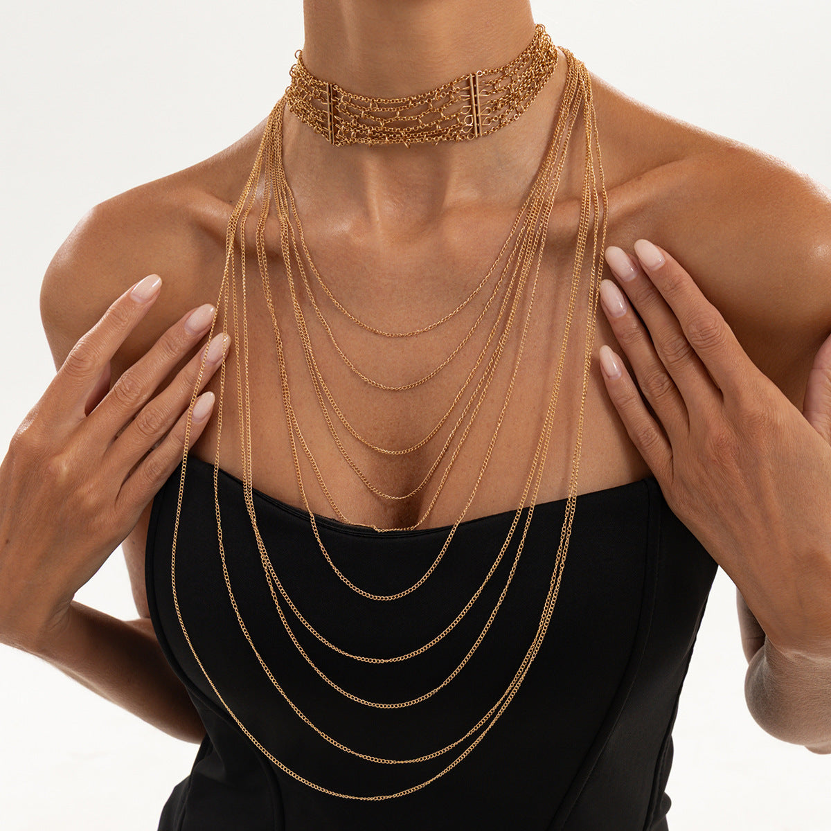 Exaggerated Luxury Geometric Plated Iron Multi-Layer Tassel Necklace for Women