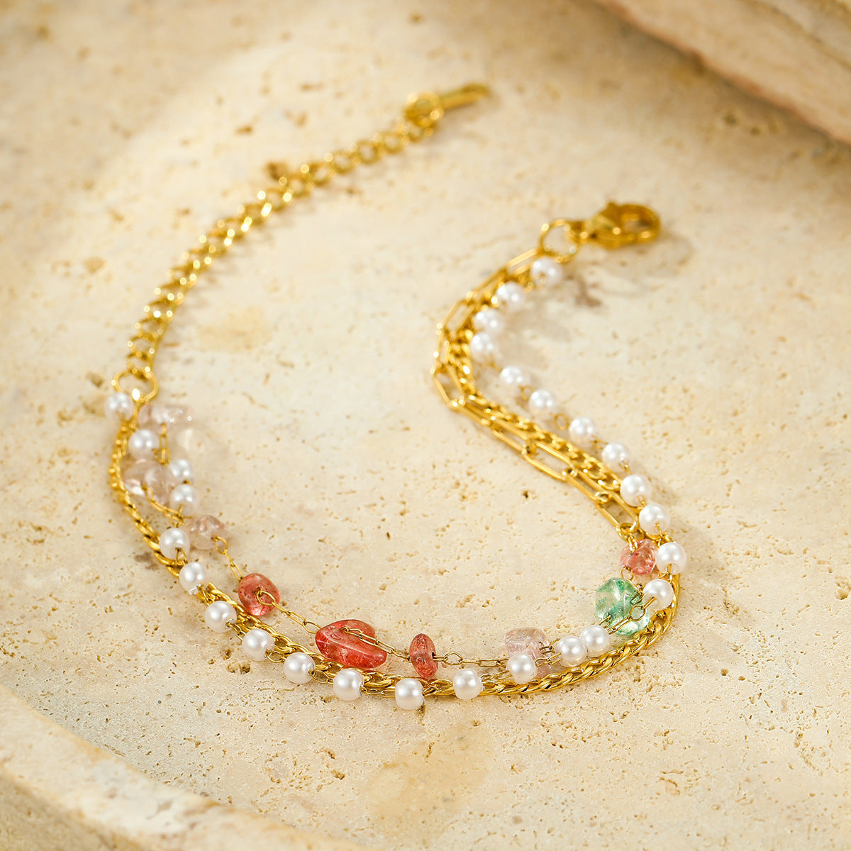 Fashionable Minimalist Stainless Steel Triple Chain Bracelet with Natural Stone Accents and Adjustable Closure for Women