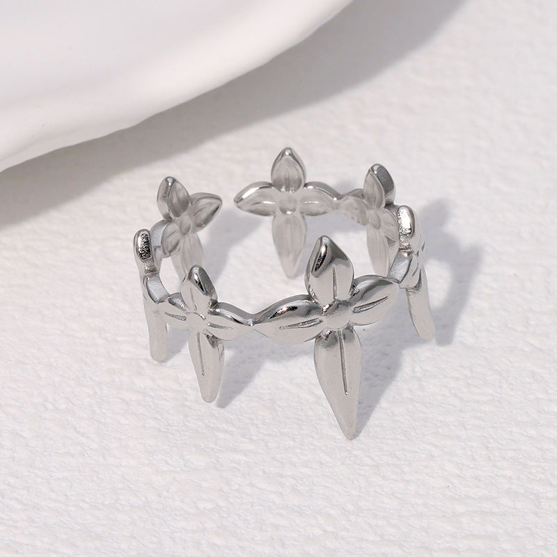Minimalist Leaf-Shaped Adjustable Stainless Steel Ring with Plated Finish for Women