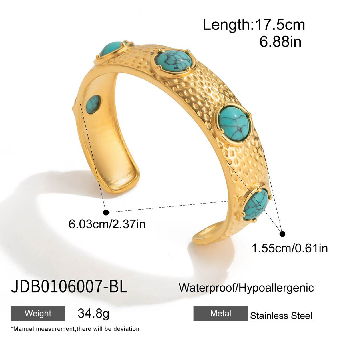 Pulsera de Acero Inoxidable con Textura Martillada a la Moda para Mujer con Detalles de Resina Turquesa y Perlas