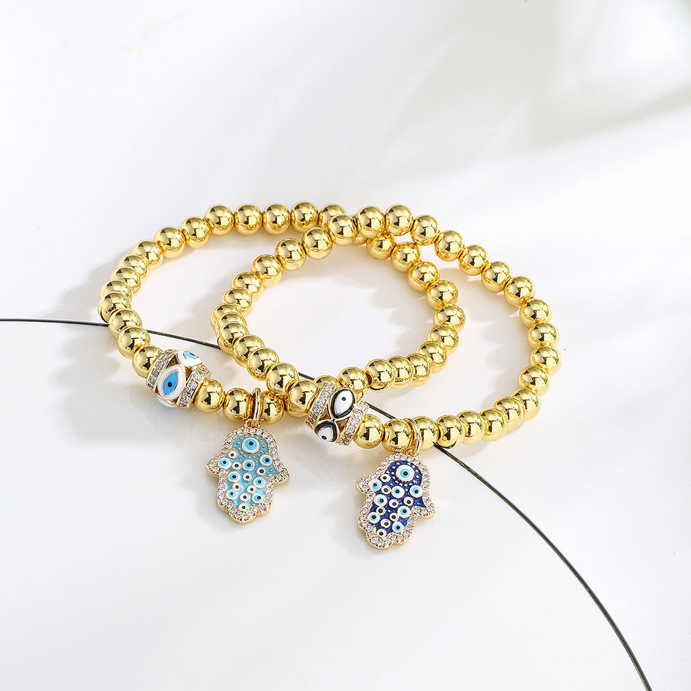 Minimalist Geometric Copper Hand of Fatima Evil Eye Charm Bracelet for Women