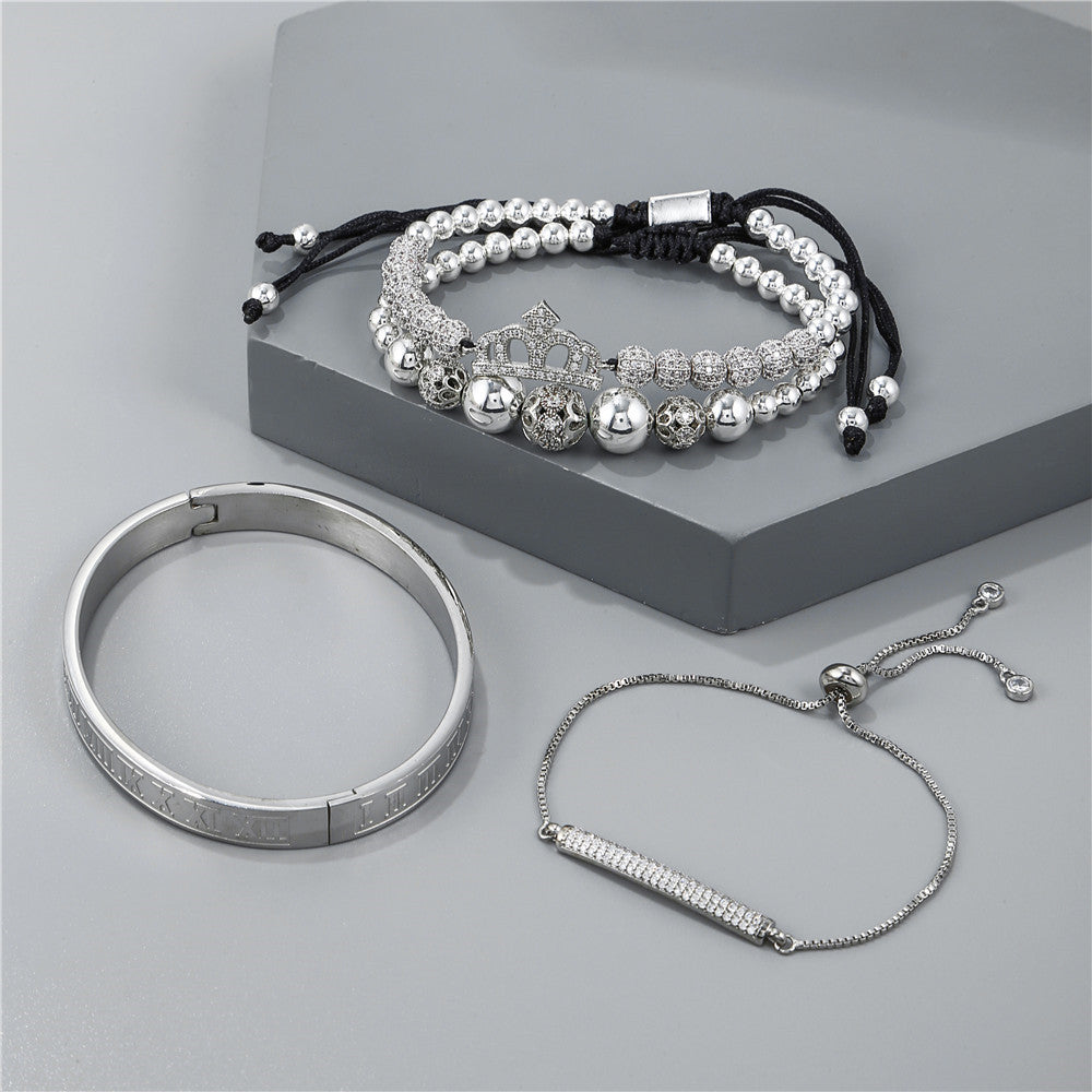 Gold Plated Brass Braided Crown Cubic Zirconia Bracelet Set for Unisex