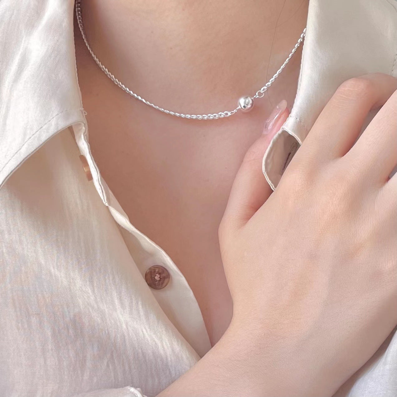 Sweet Minimalist Round Bead Choker Necklace in 925 Sterling Silver with Braided Chain Design