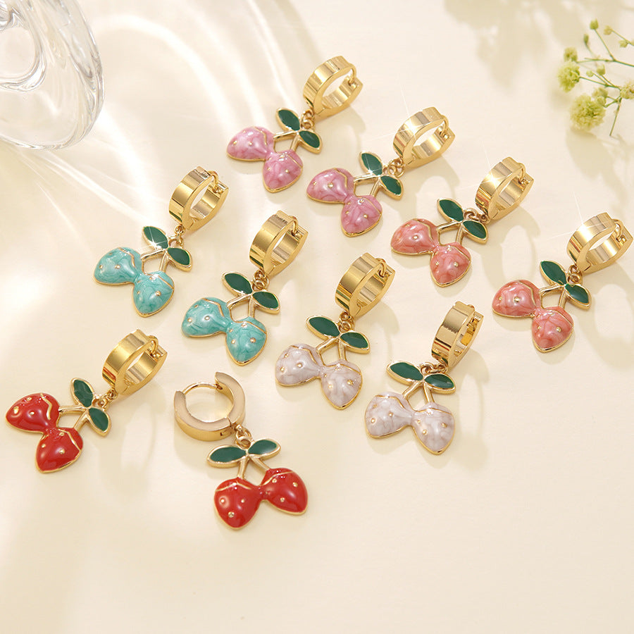 Sweet Stainless Steel Drip Oil Plated Cherry Hoop Earrings for Women
