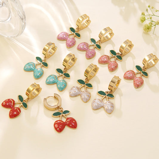Sweet Stainless Steel Drip Oil Plated Cherry Hoop Earrings for Women
