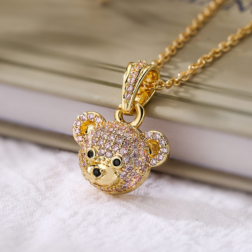 Cute Bear Pendant Necklace for Women in Copper with 18K Gold Plating and Full Zircon Inlay, Minimalist Style Locket Chain