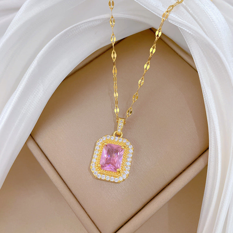 Minimalist Sweet Square Geometric Titanium Steel Necklace with Brass Pendant Inlaid with Cubic Zirconia Floral Design