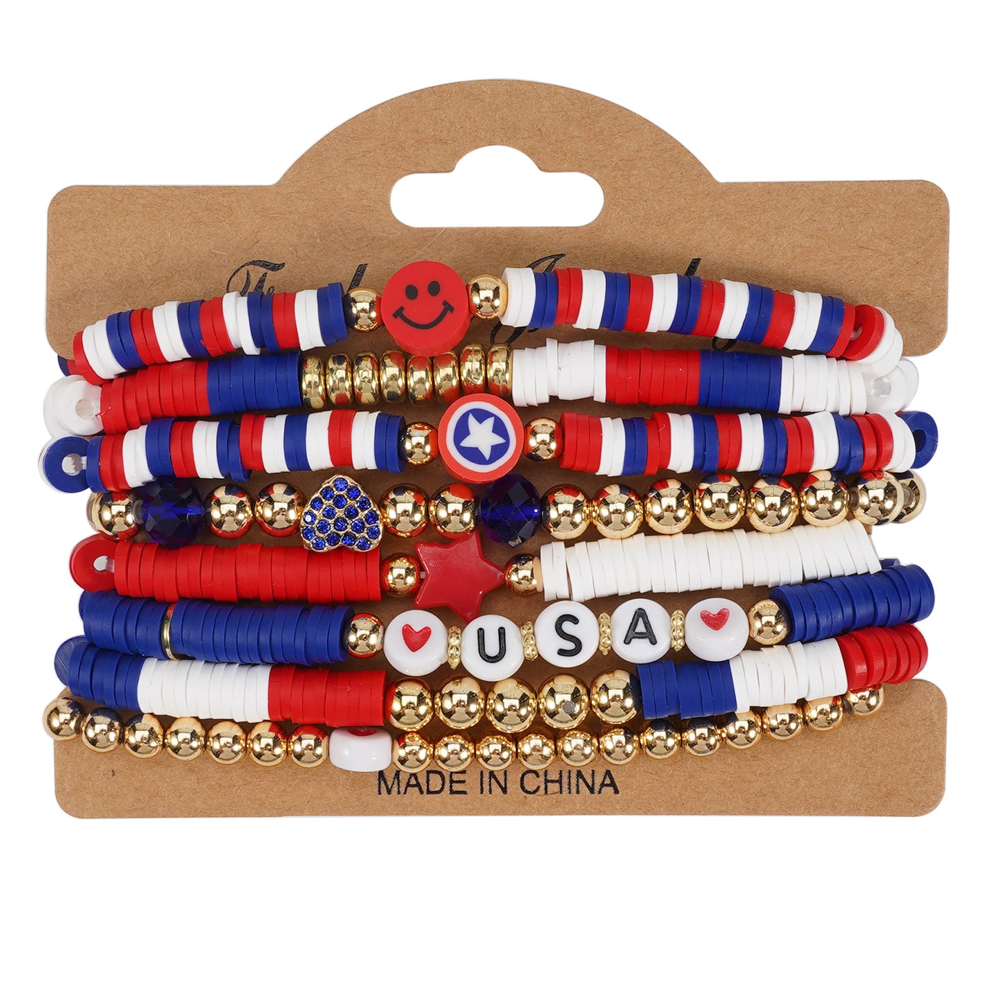 Pulsera de cuentas de resina geométrica unisex con bandera de Estados Unidos en rojo, blanco y azul