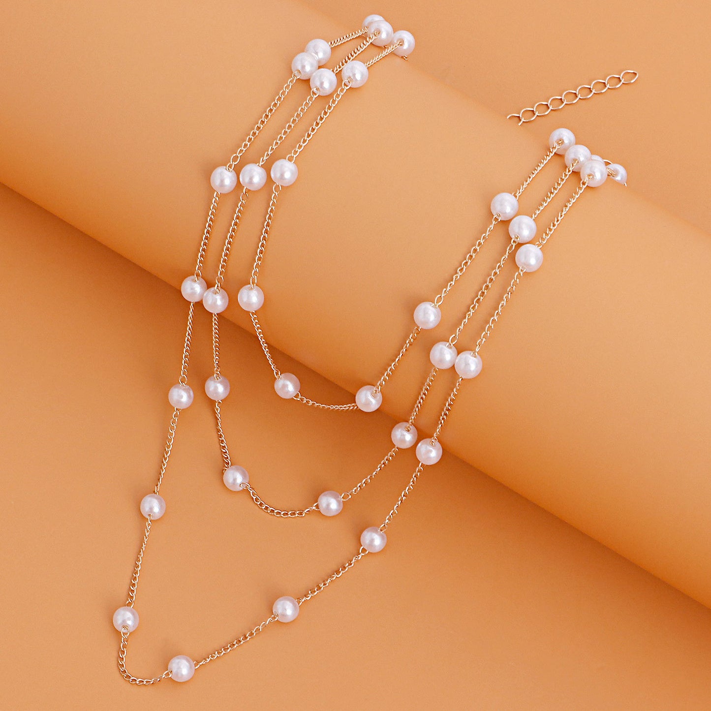 Minimalist Geometric Alloy Pendant Necklace for Women with Plated Finish and Multi-Layer Pearl Chain