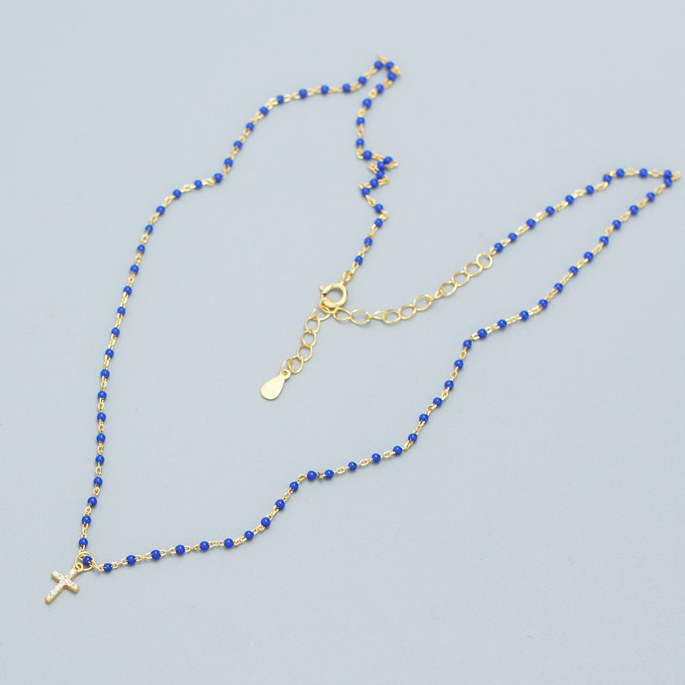 S925 Sterling Silver Cross Pendant Necklace with Rhinestone Inlay, Minimalist Luxury Design for Women, Resin Coated, Fashion Casual