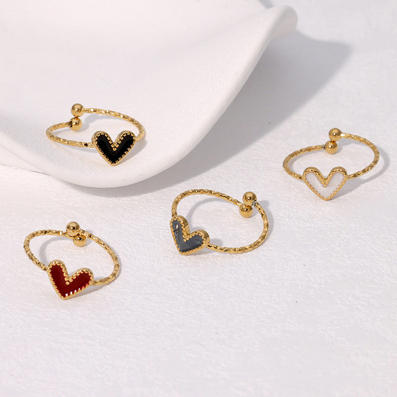 Sweet Minimalist French Vintage Heart-Shaped Stainless Steel Open Ring for Women with Plated Finish