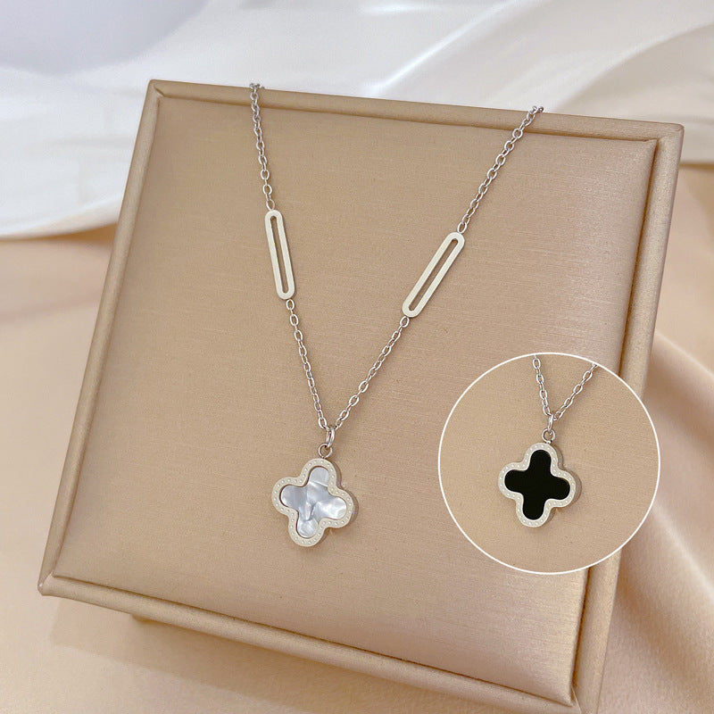 Minimalist Clover Flower Pendant Necklace in Titanium Steel with Gold Plating for Women