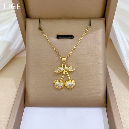 Cherry-Shaped Cubic Zirconia Full-Drill Luxury Geometric Necklace for Women and Men Titanium Steel Clavicle Chain