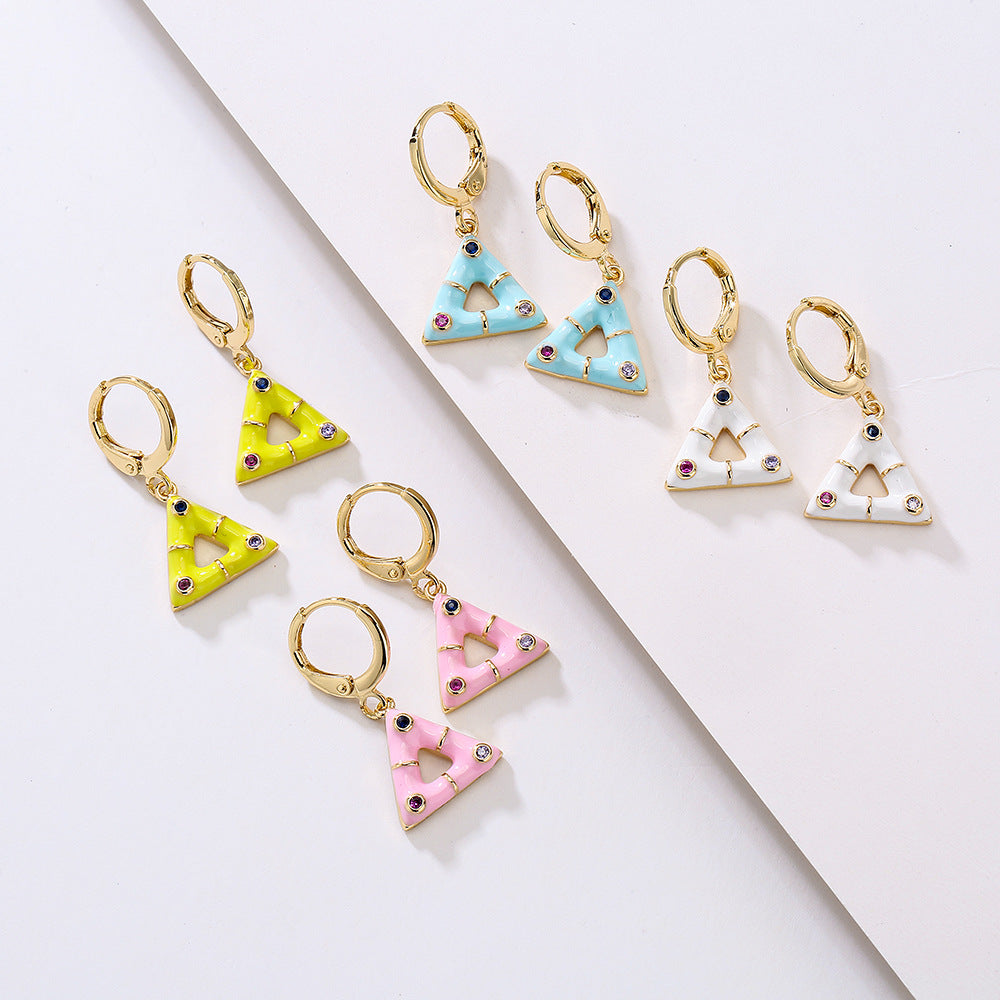 Geometric Triangle Pendant Earrings for Women in Copper with 18K Gold Plating and Enamel Finish