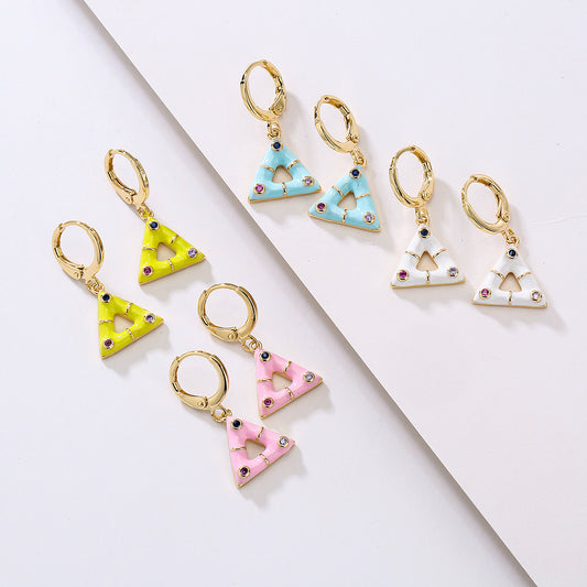 Geometric Triangle Pendant Earrings for Women in Copper with 18K Gold Plating and Enamel Finish