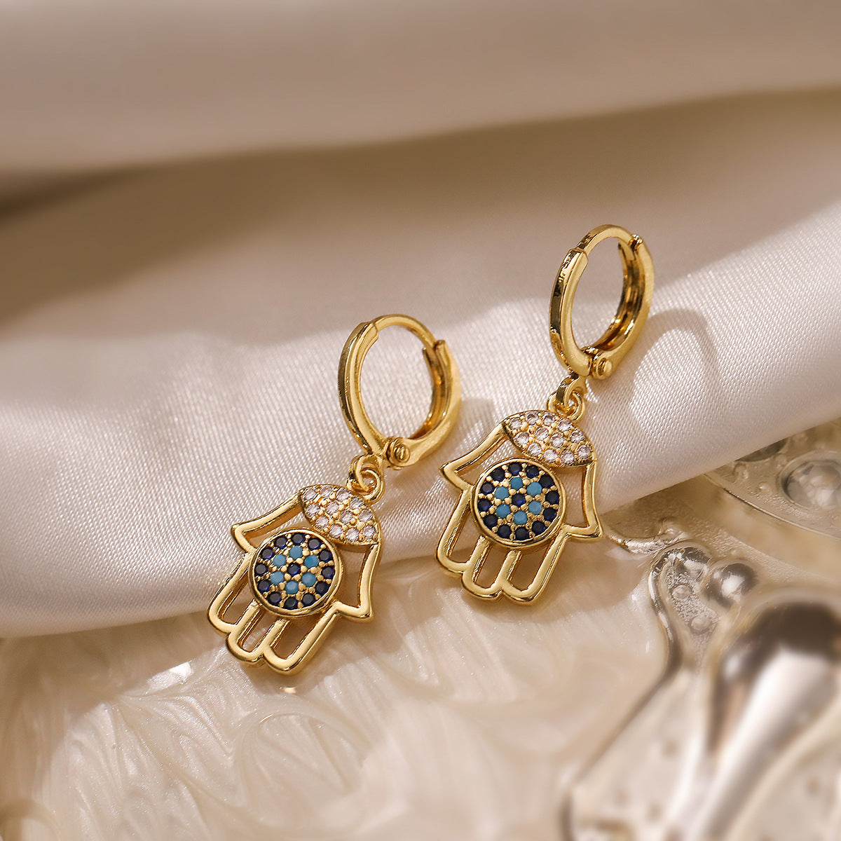 Minimalist Evil Eye Hand Palm Pendant Necklace and Earrings Set in Copper with 18K Gold Plating and Zircon Inlay