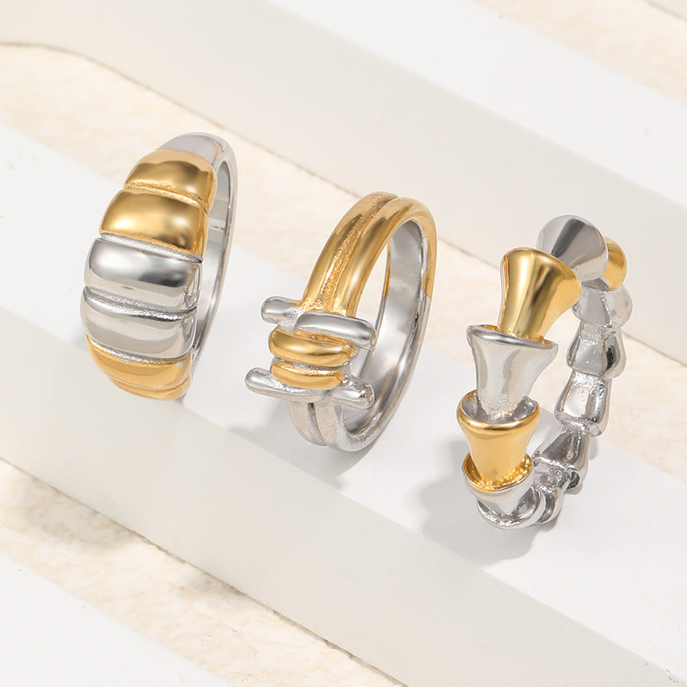 Minimalist Geometric 18K Gold Plated Stainless Steel Bread Joint Line Ring for Women