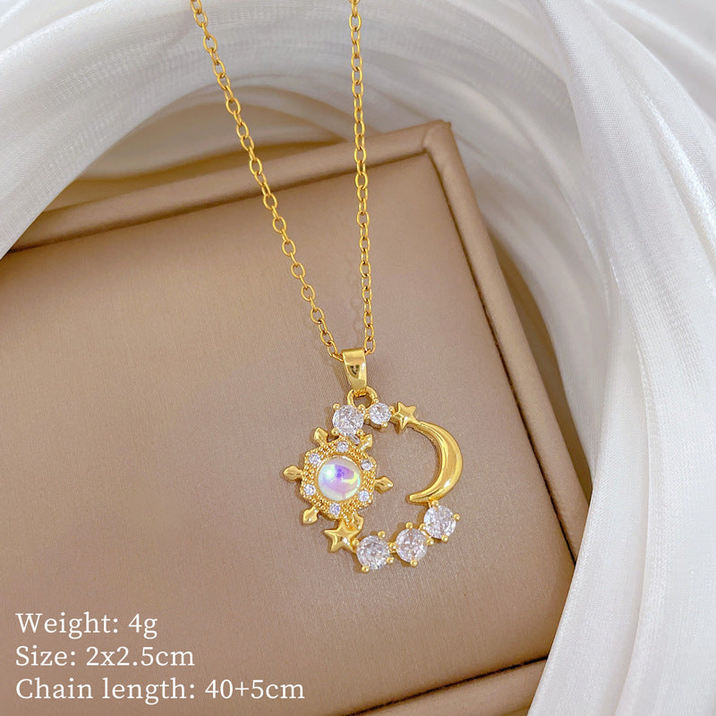 Sweet Minimalist Moon Star Geometric Rhinestone Titanium Steel Necklace for Unisex