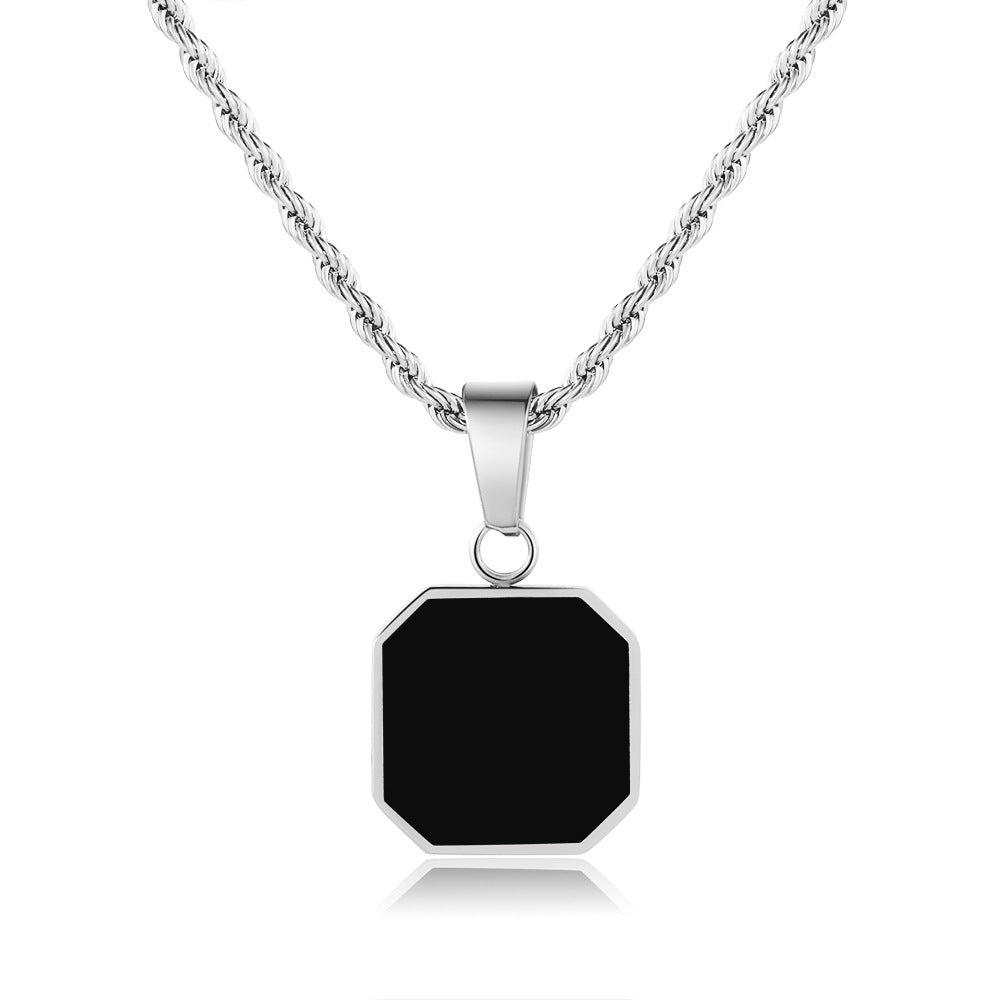 Hip-hop Black Square Drip Oil Stainless Steel Pendant Necklace with Curb Chain for Unisex