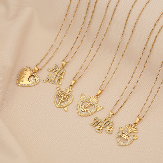 Collana da donna a forma di cuore minimalista in acciaio inossidabile con ciondolo a lettera "MOM" e delicata catena clavicolare