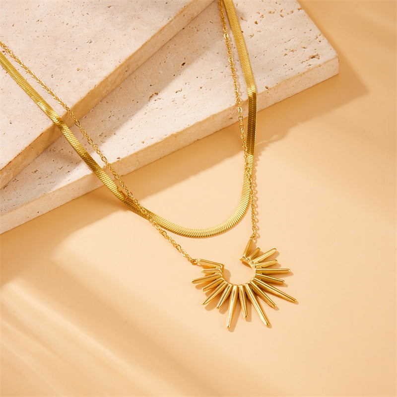 Vintage Stainless Steel Sunflower Pendant Necklace with Geometric Design for Women Double Layer Clavicle Chain