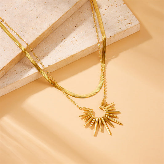 Vintage Stainless Steel Sunflower Pendant Necklace with Geometric Design for Women Double Layer Clavicle Chain