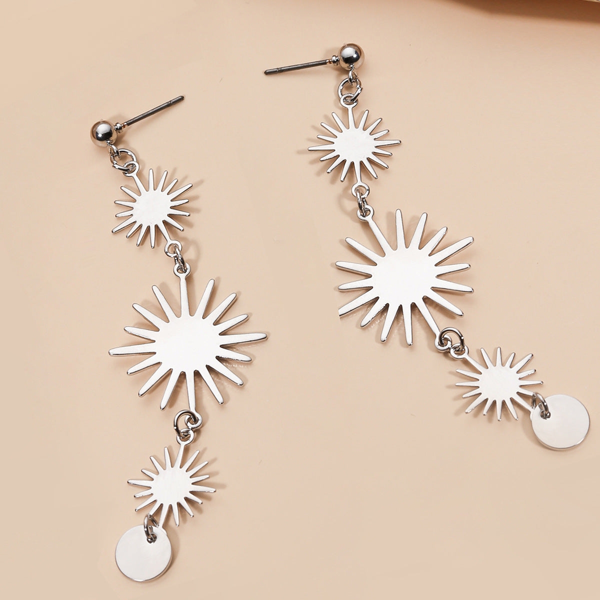 Orecchini Pendenti Lunghi da Donna a Goccia con Girasole a Motivo Geometrico Floreale Vintage, in Lega con Finitura Placcata